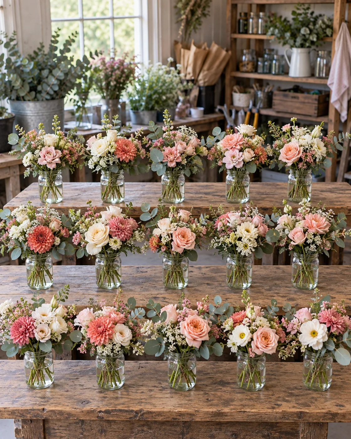 Finished bouquets lined up for delivery