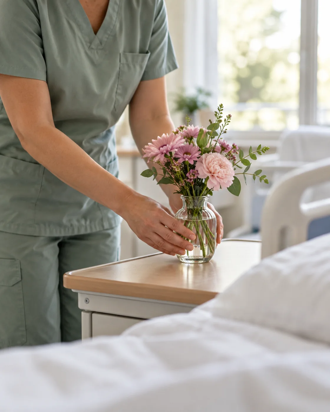 Nurse placing a bouquet at a bedside